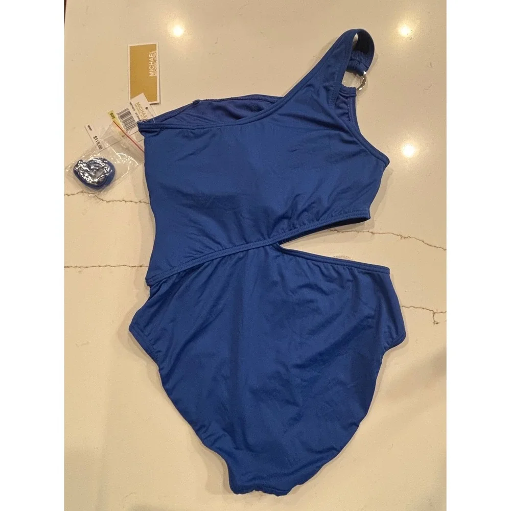 NWT Michael Kors size 4 One-Shoulder Cutout‎ Swimsuit Women Royal Blue